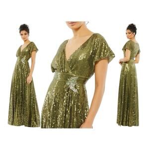 Mac Duggal Olive Green Sequined Butterfly Sleeve Faux Wrap Gown Size 4 $598
